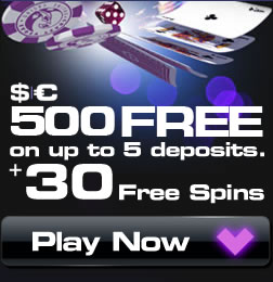 Crazy Vegas™ Online Casino Bonus $/€ 500 FREE + 30 Free Spins, poker chips, dice and play cards, white font black background with transparent purple circles
